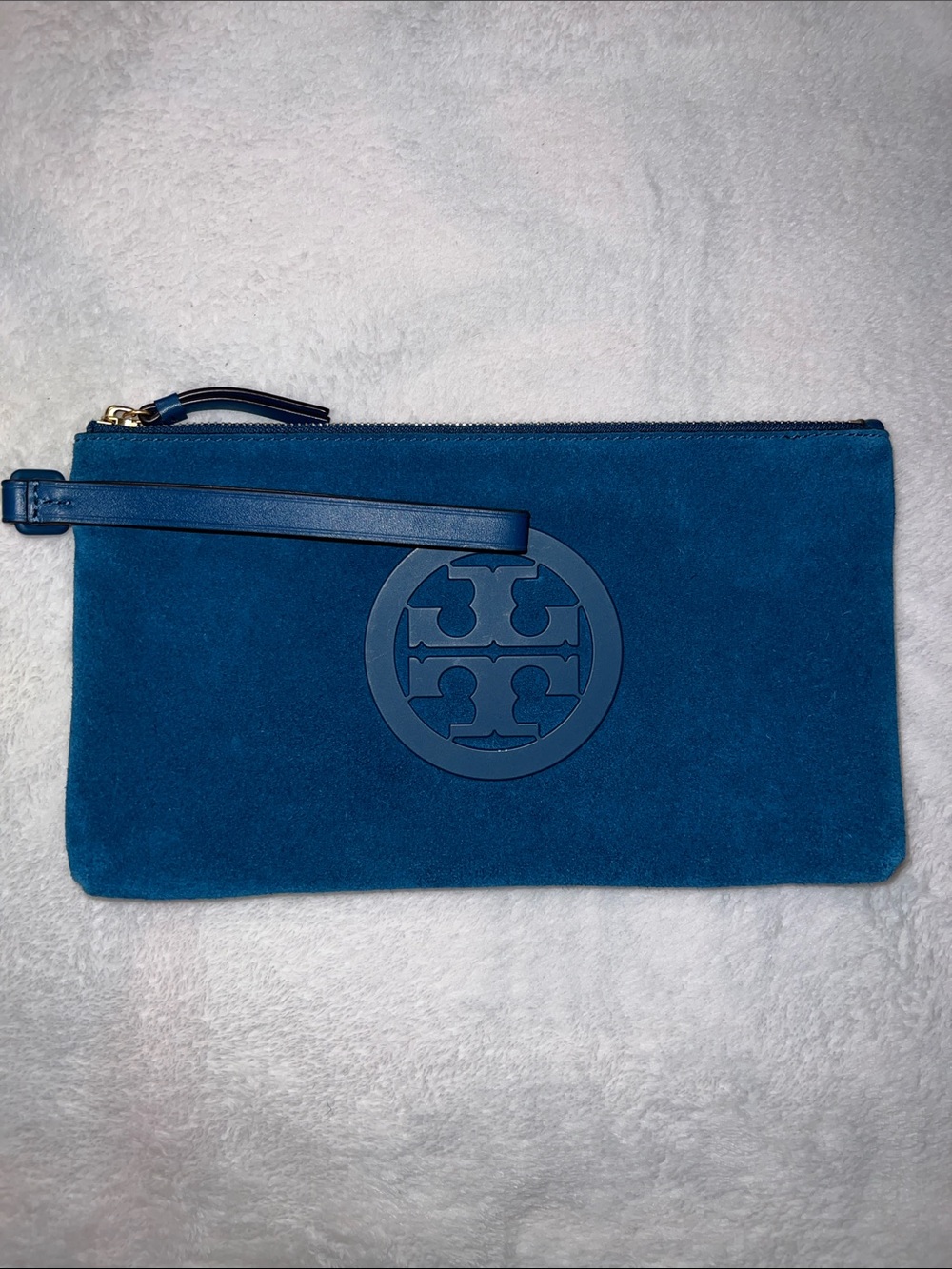 Tory Burch Symphony Blue Suede Leather Charlie Clutch Zip Bag